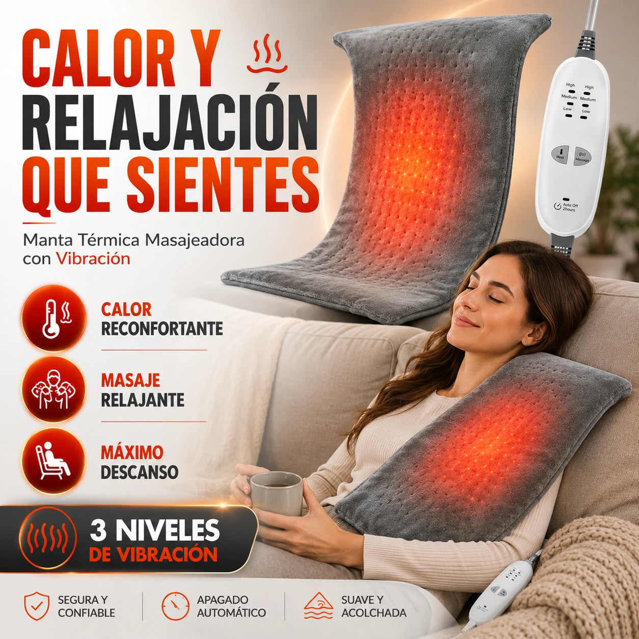 Manta Térmica Masajeadora con 3 Niveles de Vibración