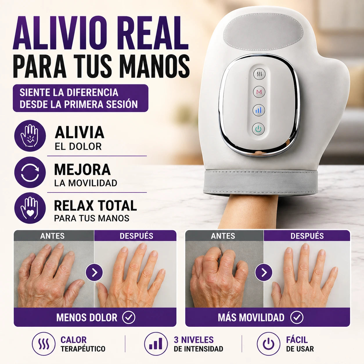 Masajeador de Mano 3 en 1 | Calor, Compresión y Masaje