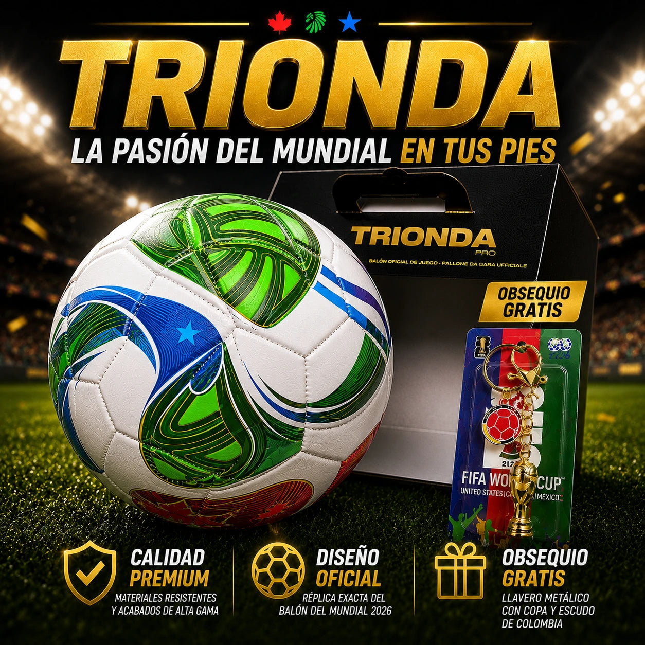 Balón Mundial 2026 con Caja Original | Obsequio Llavero Metálico con Copa y Escudo de Colombia