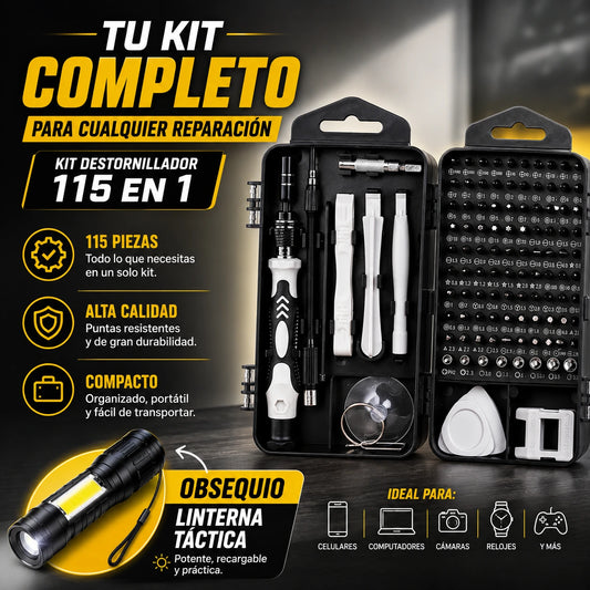 Kit Destornillador 115 en 1 | Obsequio Linterna Táctica