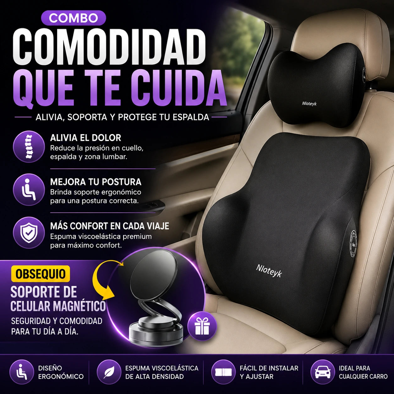 Combo Cojín Cervical y Lumbar para Carro + Obsequio Soporte de Celular Magnético