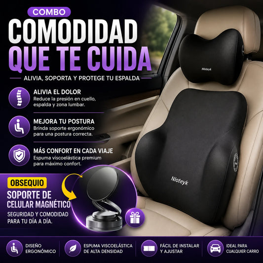 Combo Cojín Cervical y Lumbar para Carro + Obsequio Soporte de Celular Magnético