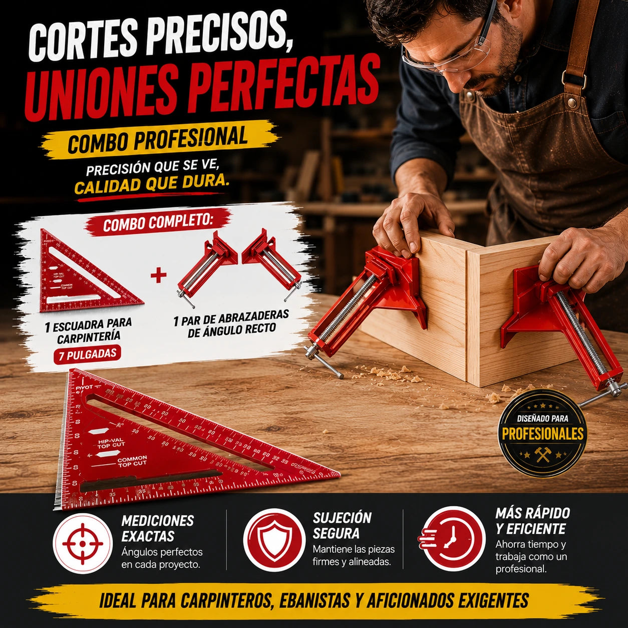 Combo Escuadra para Carpinteria + Abrazaderas de Ángulo Recto